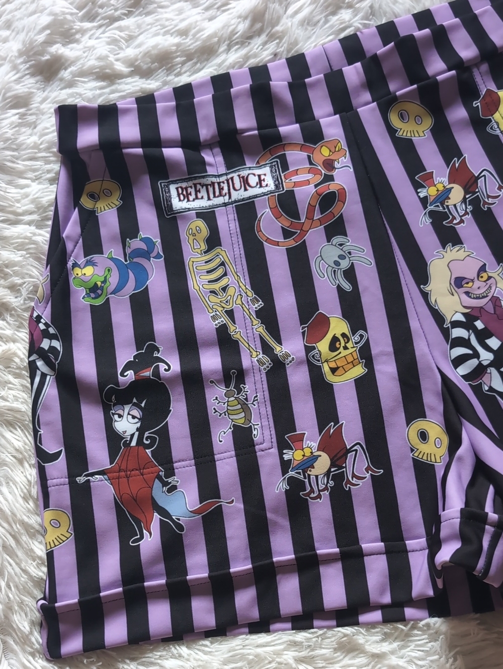 Blackmilk Beetlejuice It's Showtime Purple & Black Striped Cuffed Shorts XL - Picture 4 of 13